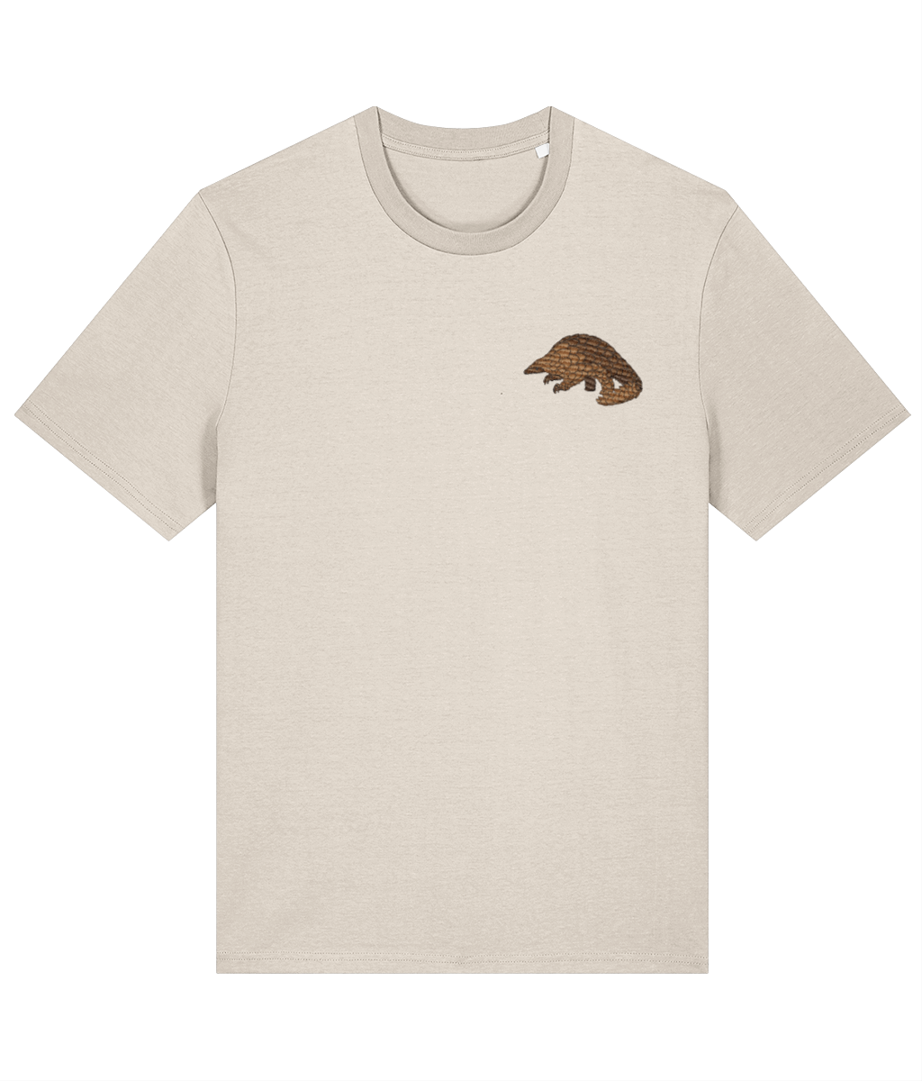 Full view of a hand-drawn pangolin embroidered on a natural raw organic cotton t-shirt