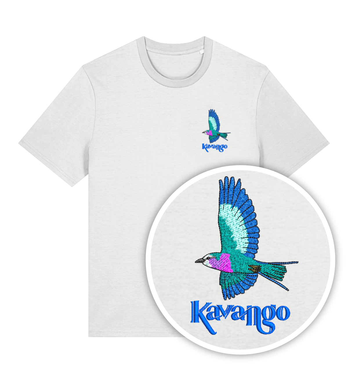 Men's/Unisex Embroidered Kavango Lilac-breasted Roller T-Shirt - Organic Cotton