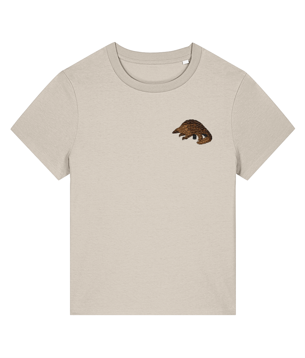 Full view of a hand-drawn pangolin embroidered on a natural raw organic cotton t-shirt