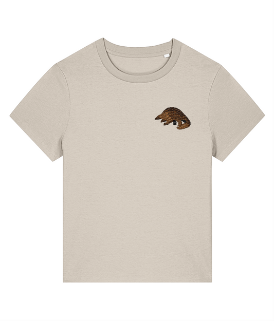 Full view of a hand-drawn pangolin embroidered on a natural raw organic cotton t-shirt