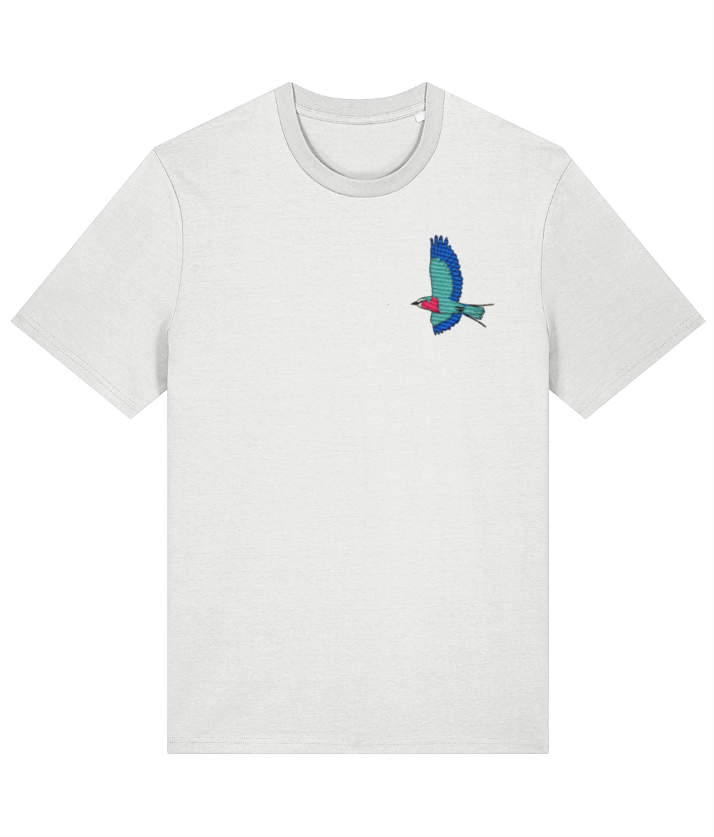 Lilac-breasted roller embroidered in pink, turquoise, royal blue and black thread on a white organic cotton t-shirt